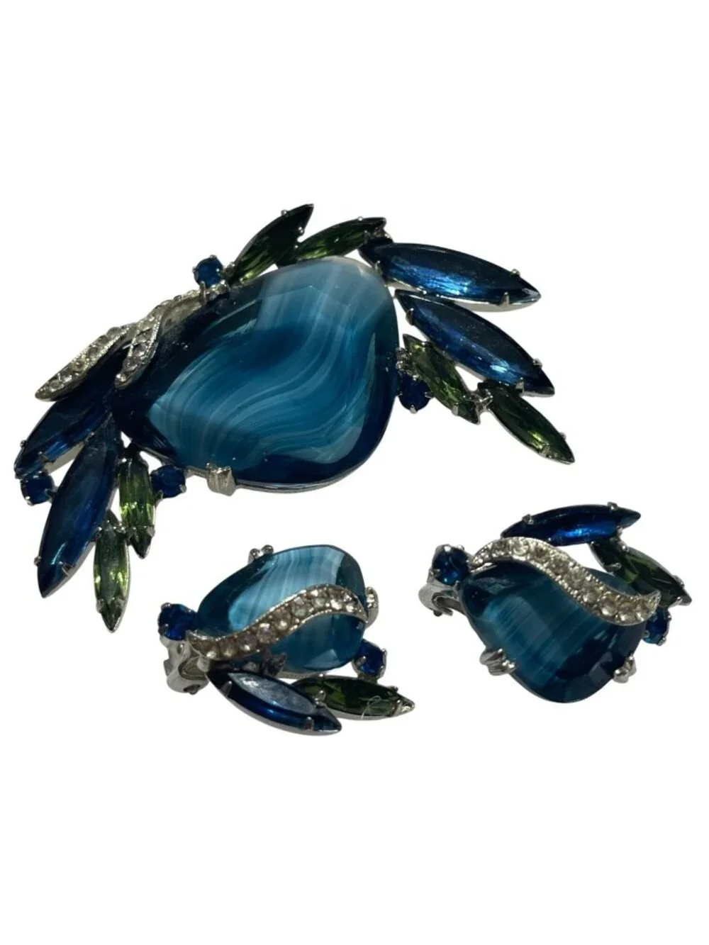 Vtg Blue Glass Givre & Navette Open Back Stones Rhinestone Brooch & Clip-On Earr